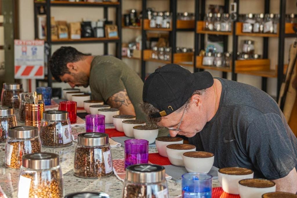 Mike Romagnino and Jaime Schoenhut beginning a specialty coffee cupping at Las Lajas in Costa Rica